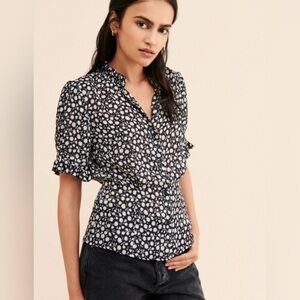 Selkie Bistro Puff Sleeve Blouse Button Down Shirt Black Floral Size Small